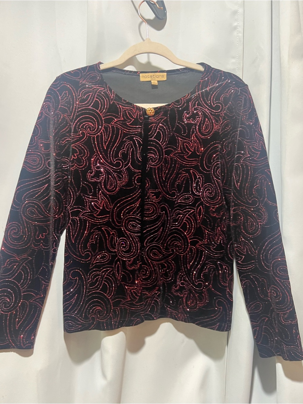 Notations Black Red Velvet Paisley Beaded Sparkle Cardigan Jeweled Button - Picture 2 of 6